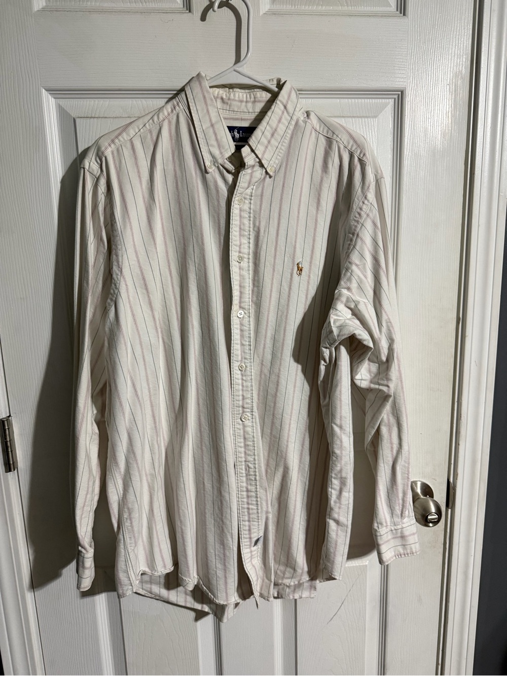 Polo by Ralph Lauren White Button-Down Shirt with Tan & Red Pinstripes
